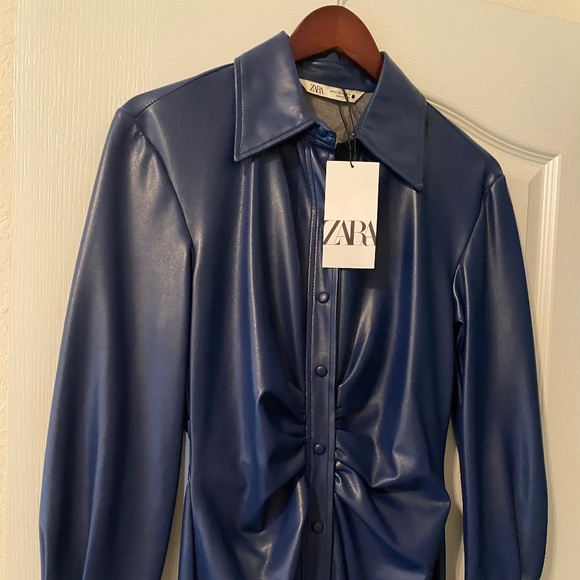 Zara | Dresses | Zara Blue Faux Leather Shirt Dress Size Xs | Poshmark